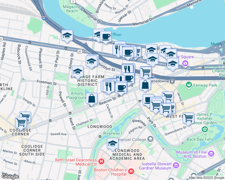 map of restaurants, bars, coffee shops, grocery stores, and more near 1009 A Beacon Street in Brookline