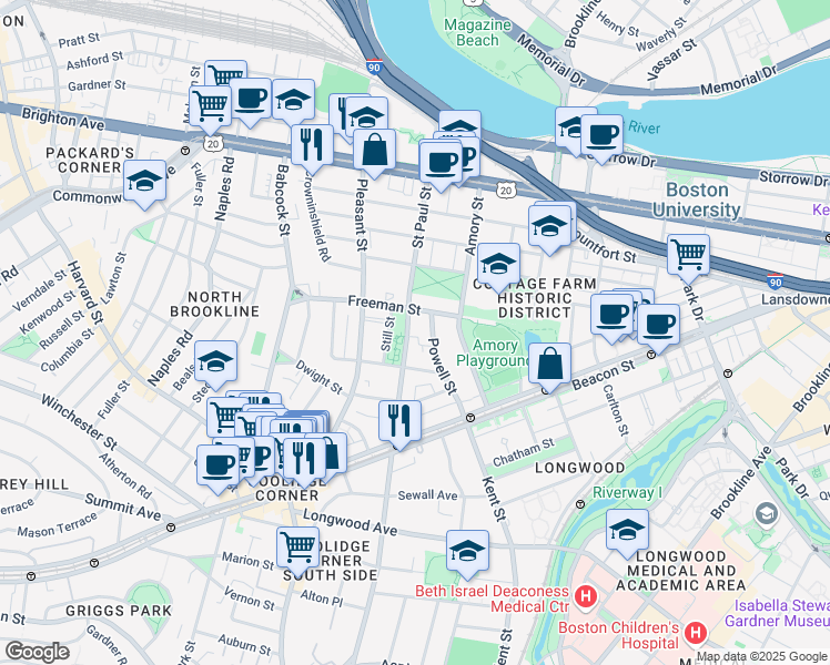 map of restaurants, bars, coffee shops, grocery stores, and more near in Brookline