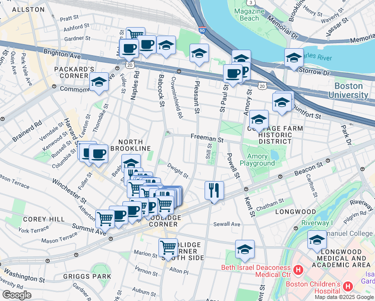 map of restaurants, bars, coffee shops, grocery stores, and more near 107 Browne Street in Brookline