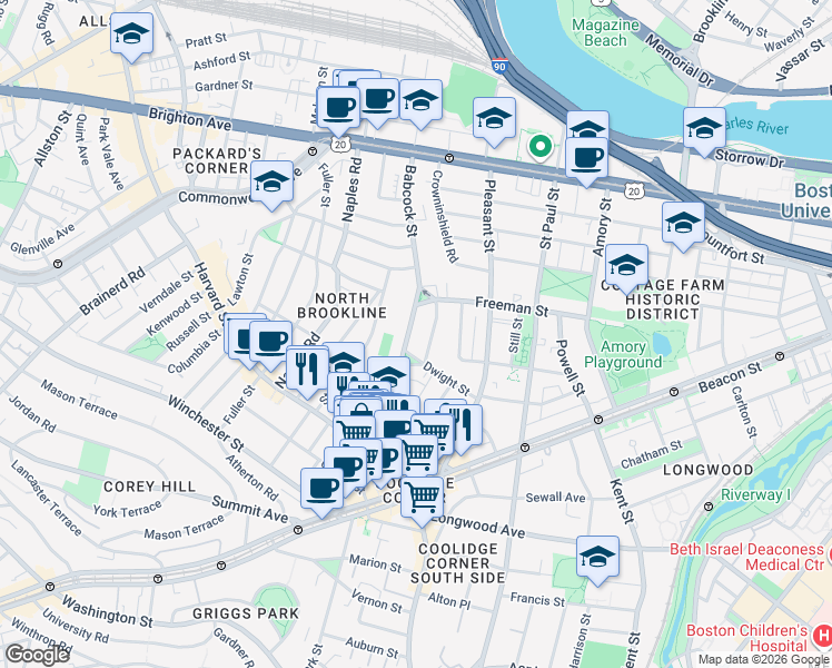 map of restaurants, bars, coffee shops, grocery stores, and more near 99 Babcock Street in Brookline