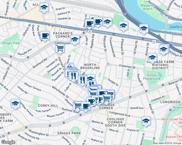 map of restaurants, bars, coffee shops, grocery stores, and more near 66 Beals Street in Brookline