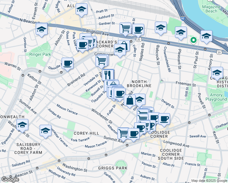 map of restaurants, bars, coffee shops, grocery stores, and more near 79 Coolidge Street in Brookline