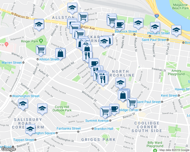map of restaurants, bars, coffee shops, grocery stores, and more near 454 Harvard Street in Brookline