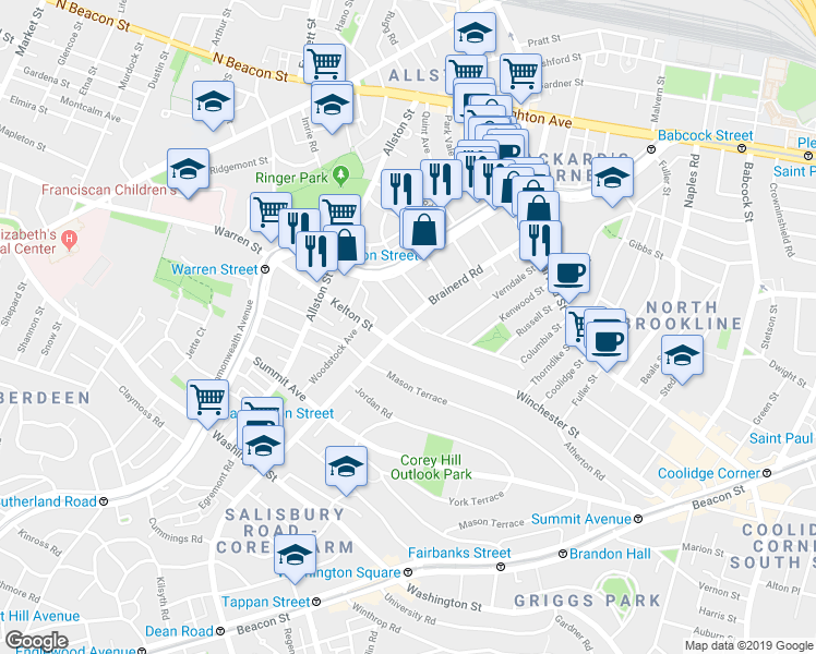 map of restaurants, bars, coffee shops, grocery stores, and more near in Boston