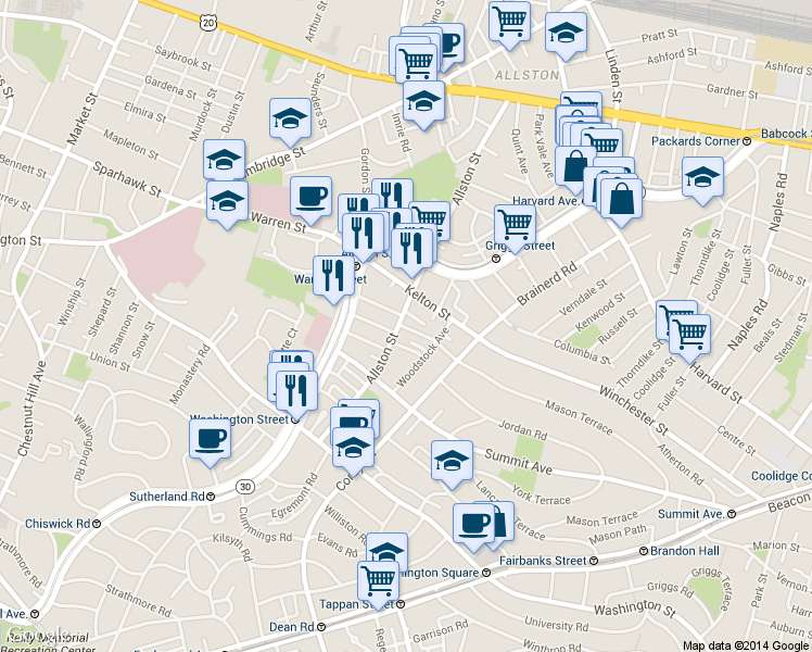 map of restaurants, bars, coffee shops, grocery stores, and more near 6 Bellvista Road in Boston