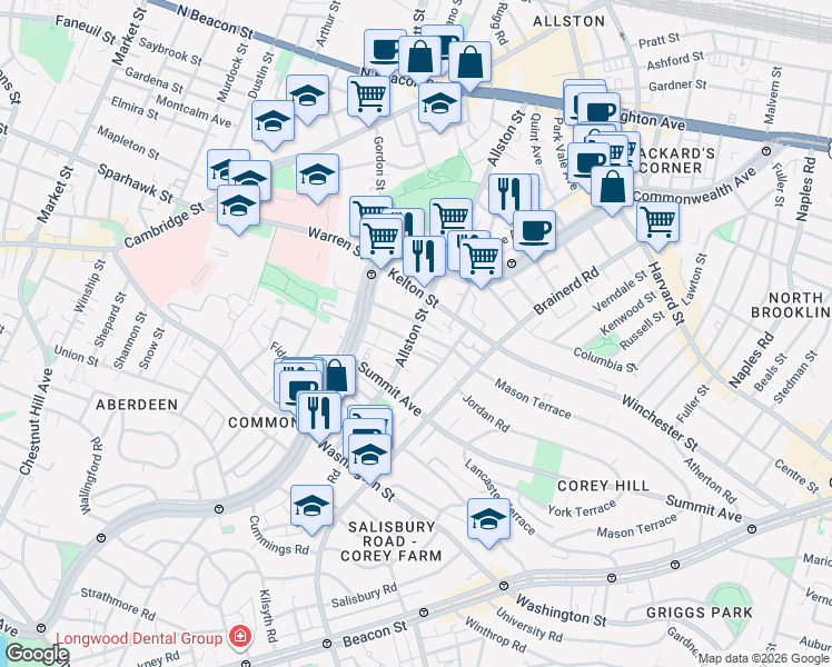 map of restaurants, bars, coffee shops, grocery stores, and more near in Boston