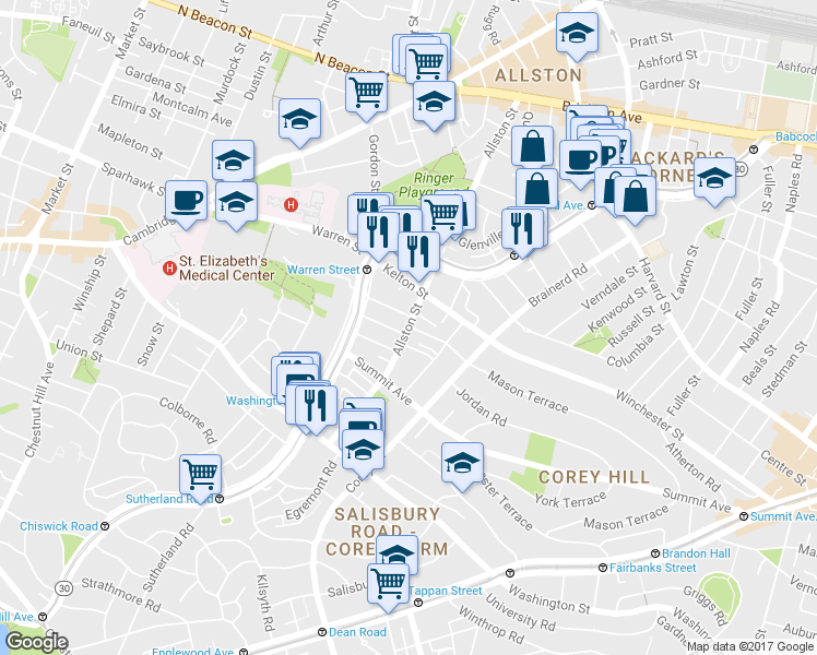 map of restaurants, bars, coffee shops, grocery stores, and more near in Boston