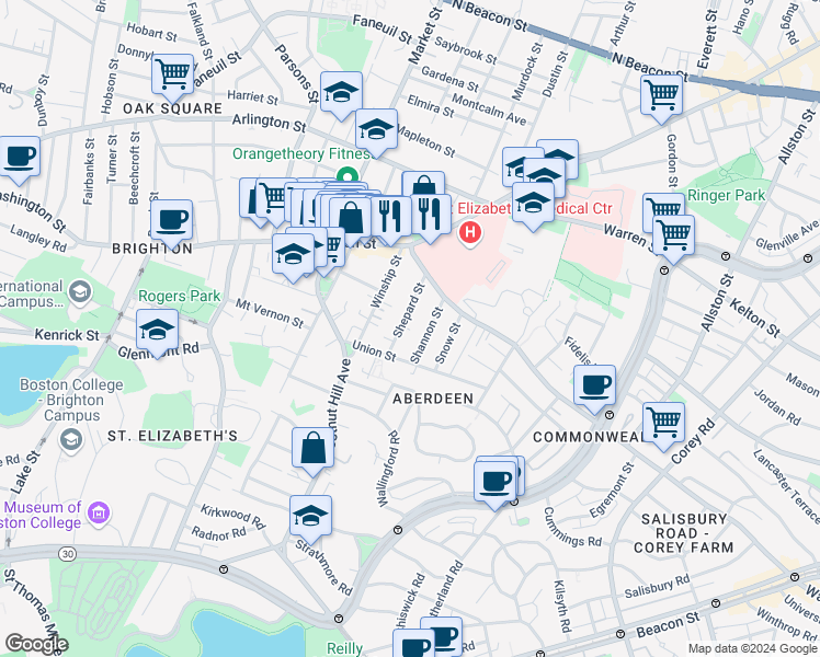 map of restaurants, bars, coffee shops, grocery stores, and more near 39 Shepard Street in Boston