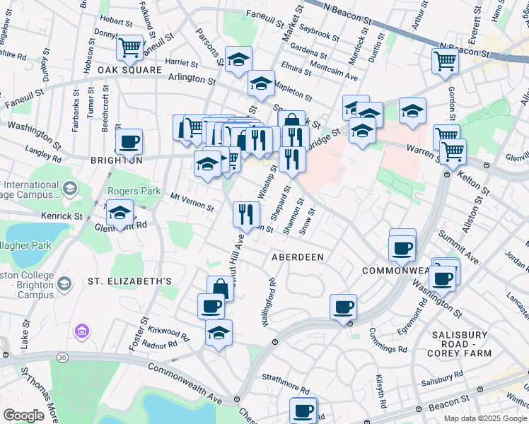 map of restaurants, bars, coffee shops, grocery stores, and more near 39 Shepard Street in Boston