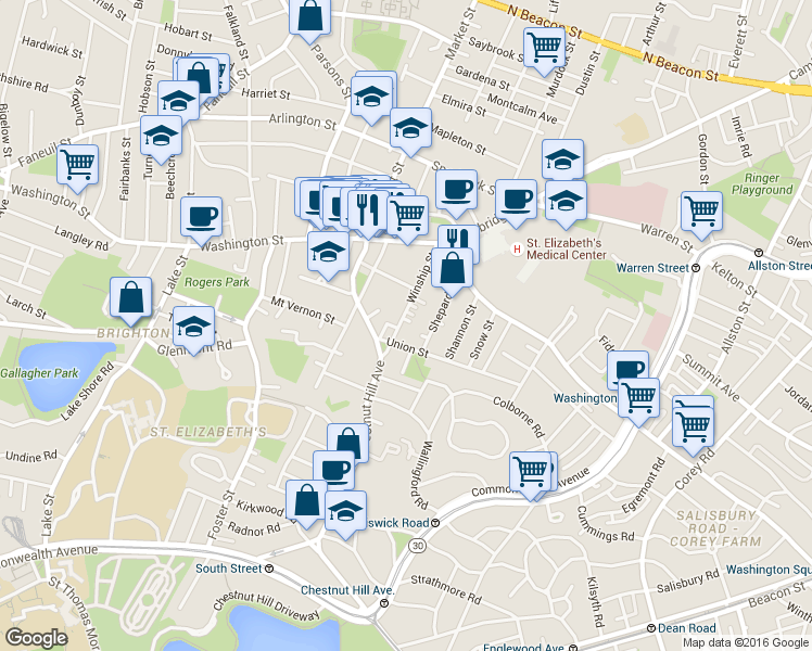 map of restaurants, bars, coffee shops, grocery stores, and more near 27 Eulita Terrace in Boston