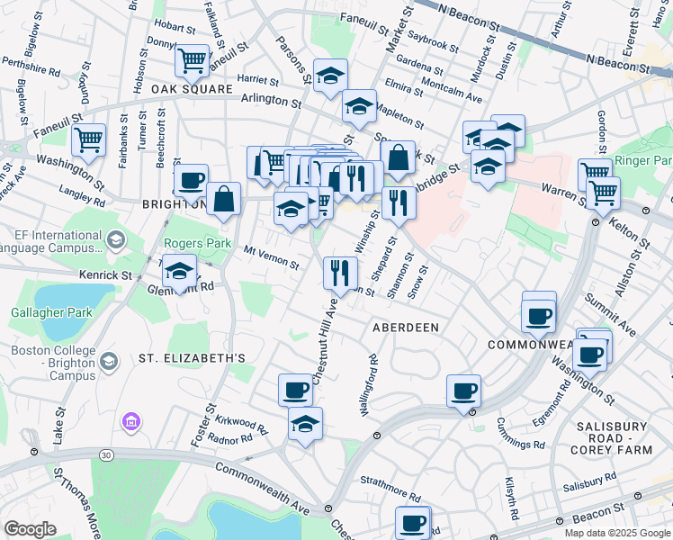 map of restaurants, bars, coffee shops, grocery stores, and more near 27 Eulita Terrace in Boston