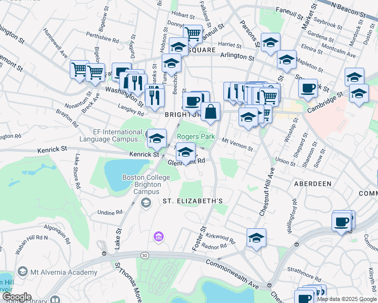 map of restaurants, bars, coffee shops, grocery stores, and more near 35 Trapelo Street in Boston