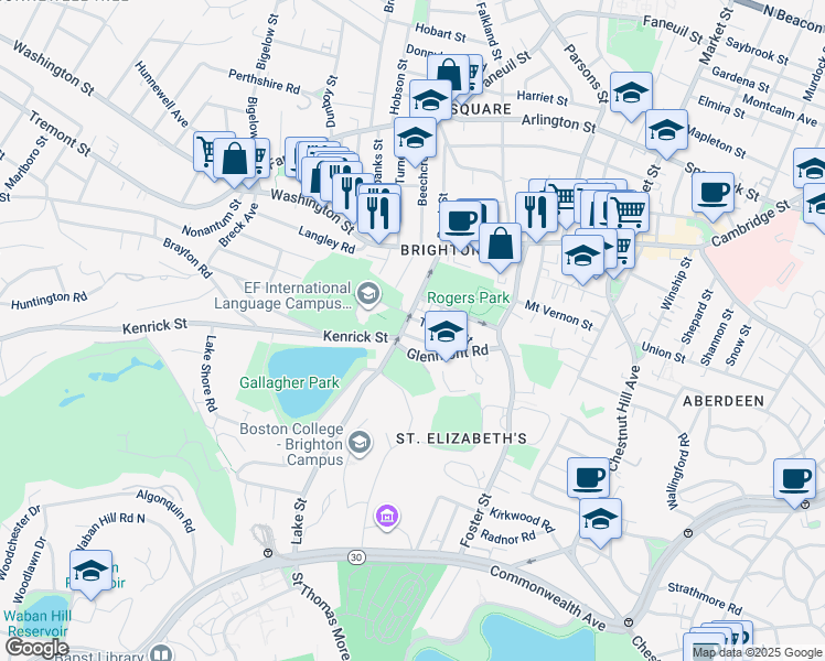 map of restaurants, bars, coffee shops, grocery stores, and more near 68 Cenacle Road in Boston