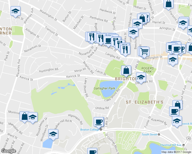 map of restaurants, bars, coffee shops, grocery stores, and more near 110-112 Kenrick Street in Boston