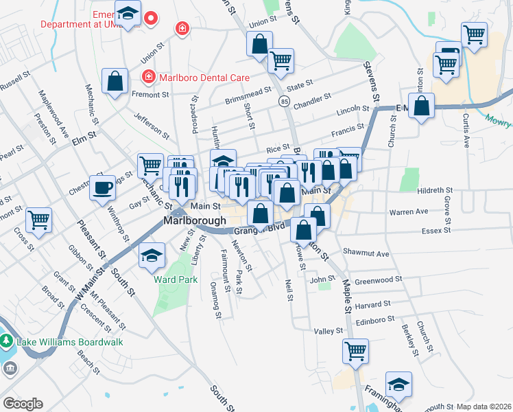 map of restaurants, bars, coffee shops, grocery stores, and more near 16 Grant Court in Marlborough