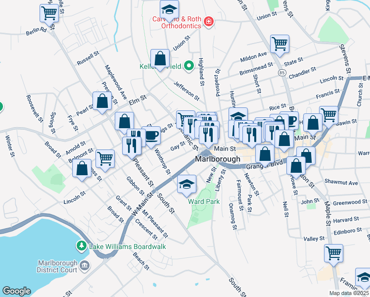 map of restaurants, bars, coffee shops, grocery stores, and more near 32 Mechanic Street in Marlborough