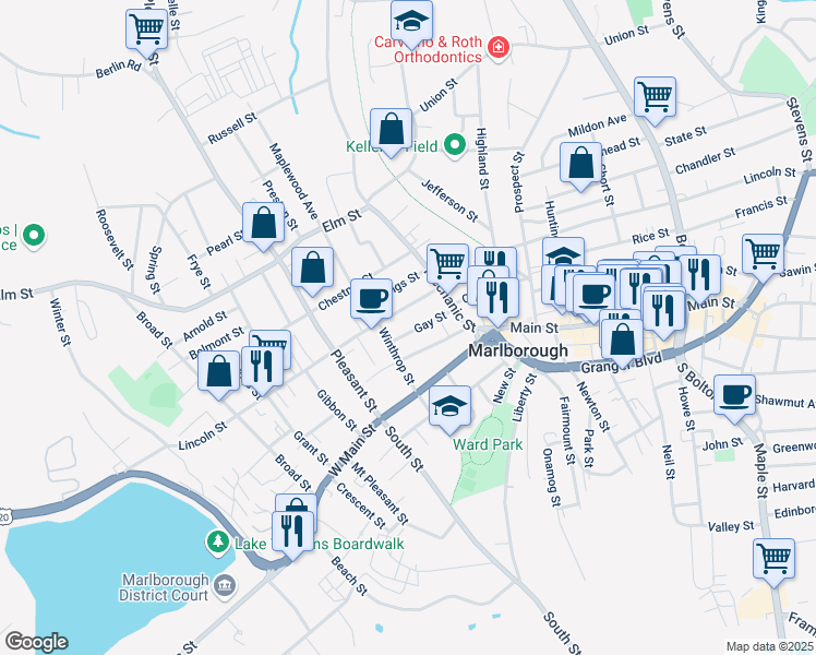 map of restaurants, bars, coffee shops, grocery stores, and more near 30 Gay Street in Marlborough