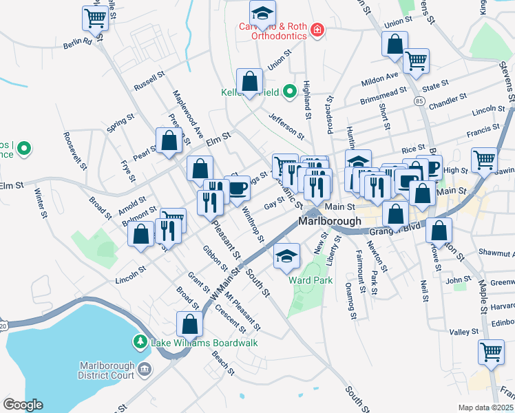 map of restaurants, bars, coffee shops, grocery stores, and more near 55 Winthrop Street in Marlborough