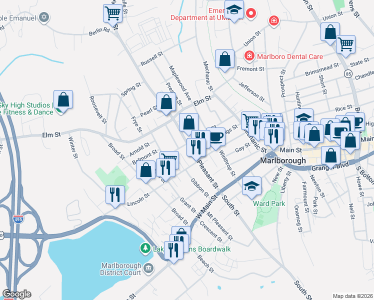 map of restaurants, bars, coffee shops, grocery stores, and more near 96 Pleasant Street in Marlborough