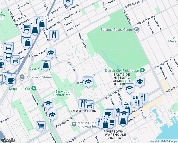 map of restaurants, bars, coffee shops, grocery stores, and more near 1925 Campau Farms Circle in Detroit