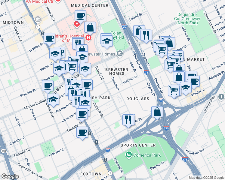 map of restaurants, bars, coffee shops, grocery stores, and more near 3035 Beaubien Boulevard in Detroit