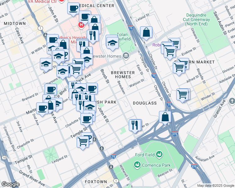 map of restaurants, bars, coffee shops, grocery stores, and more near 313 Watson Street in Detroit