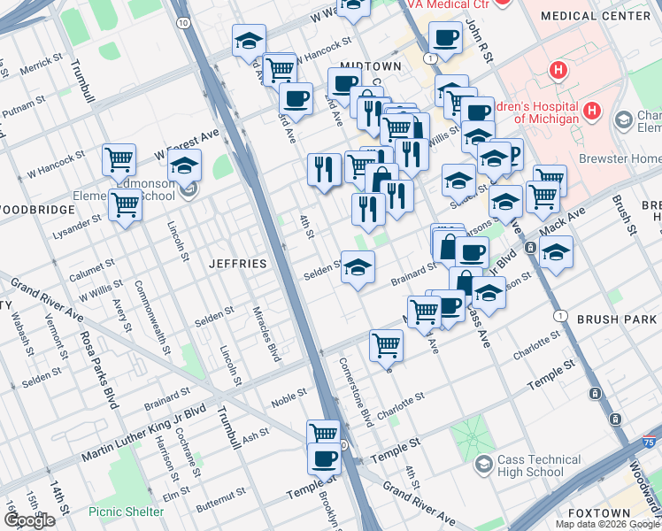 map of restaurants, bars, coffee shops, grocery stores, and more near 950 John C Lodge Service Drive in Detroit