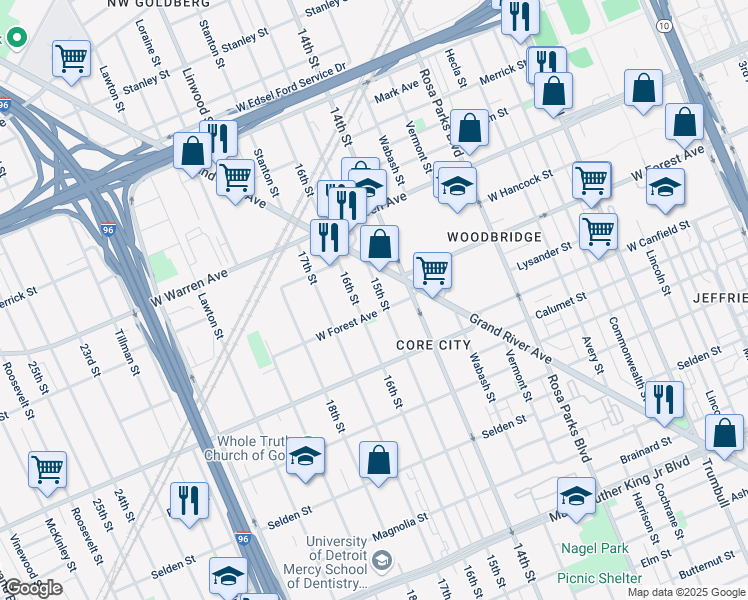 map of restaurants, bars, coffee shops, grocery stores, and more near 4613 15th Street in Detroit