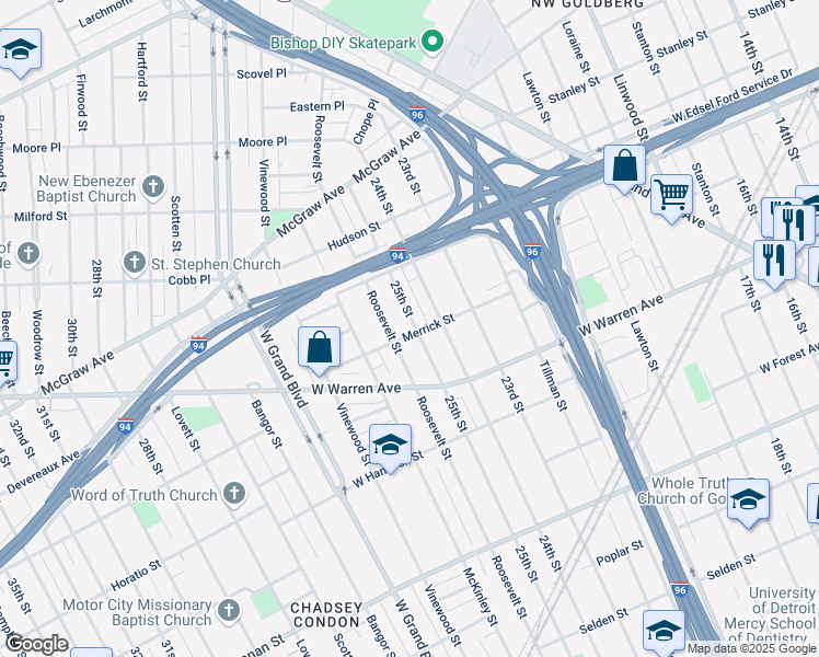 map of restaurants, bars, coffee shops, grocery stores, and more near 5203 25th Street in Detroit