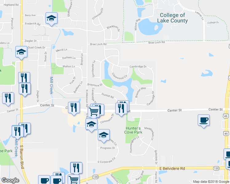 map of restaurants, bars, coffee shops, grocery stores, and more near 238 Buckingham Drive in Grayslake