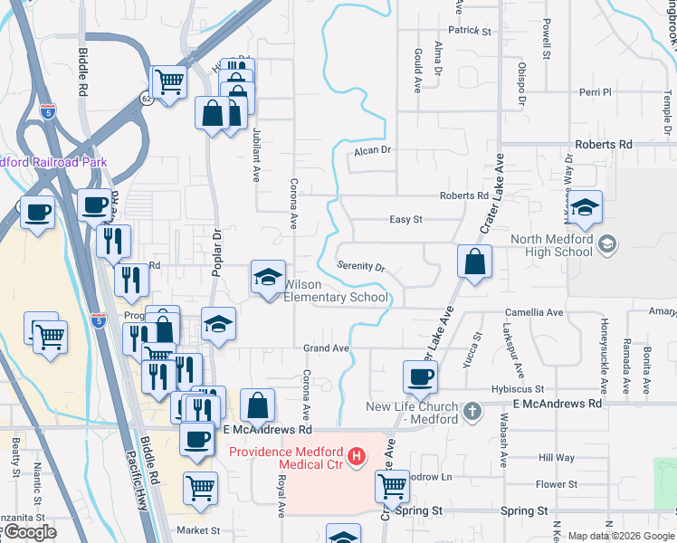 map of restaurants, bars, coffee shops, grocery stores, and more near 1793 Serenity Drive in Medford
