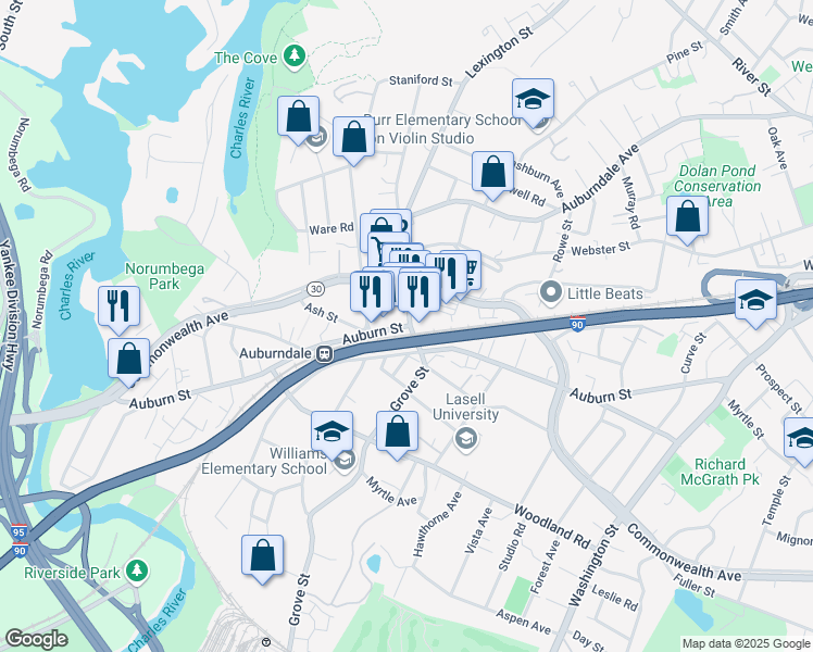 map of restaurants, bars, coffee shops, grocery stores, and more near 293 Auburn Street in Newton
