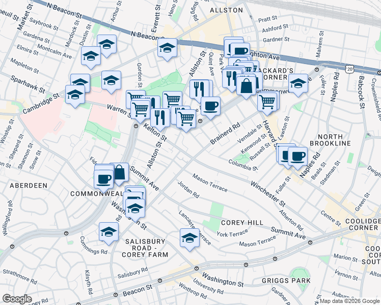 map of restaurants, bars, coffee shops, grocery stores, and more near 239 Kelton Street in Boston
