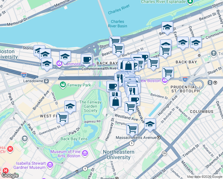 map of restaurants, bars, coffee shops, grocery stores, and more near in Boston