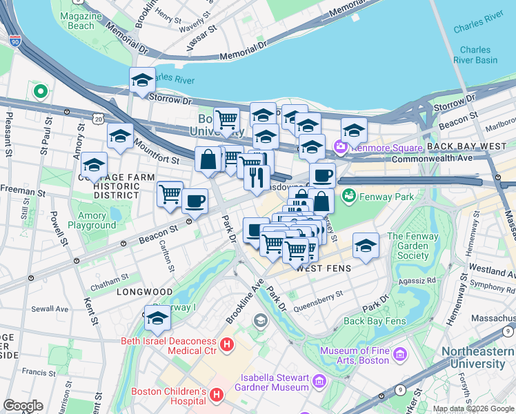 map of restaurants, bars, coffee shops, grocery stores, and more near 9 Miner Street in Boston
