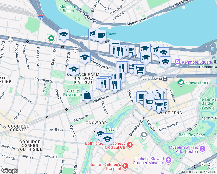 map of restaurants, bars, coffee shops, grocery stores, and more near in Brookline