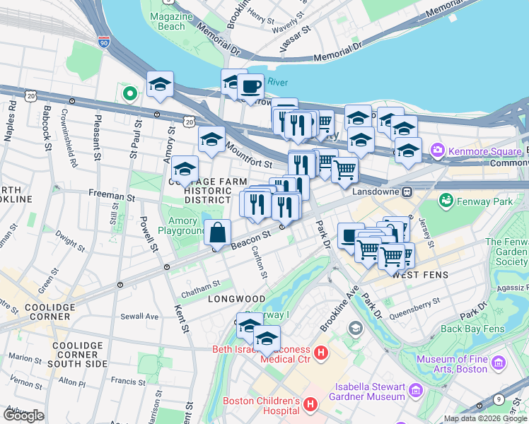 map of restaurants, bars, coffee shops, grocery stores, and more near in Brookline