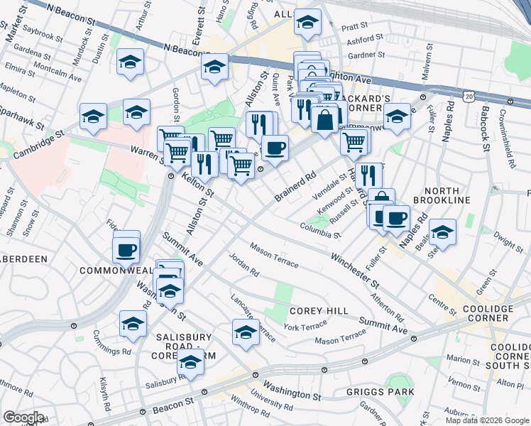 map of restaurants, bars, coffee shops, grocery stores, and more near 33 Walbridge Street in Boston