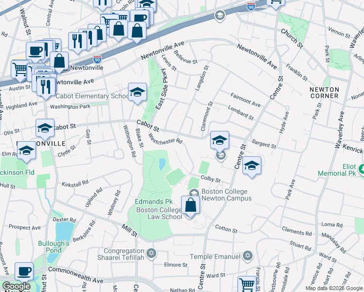 map of restaurants, bars, coffee shops, grocery stores, and more near 109 Westchester Road in Newton