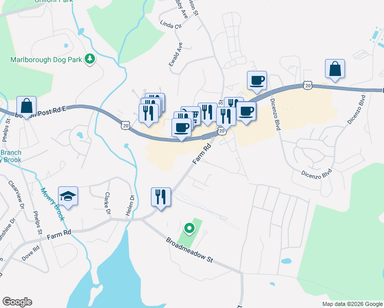 map of restaurants, bars, coffee shops, grocery stores, and more near 740 Farm Road in Marlborough