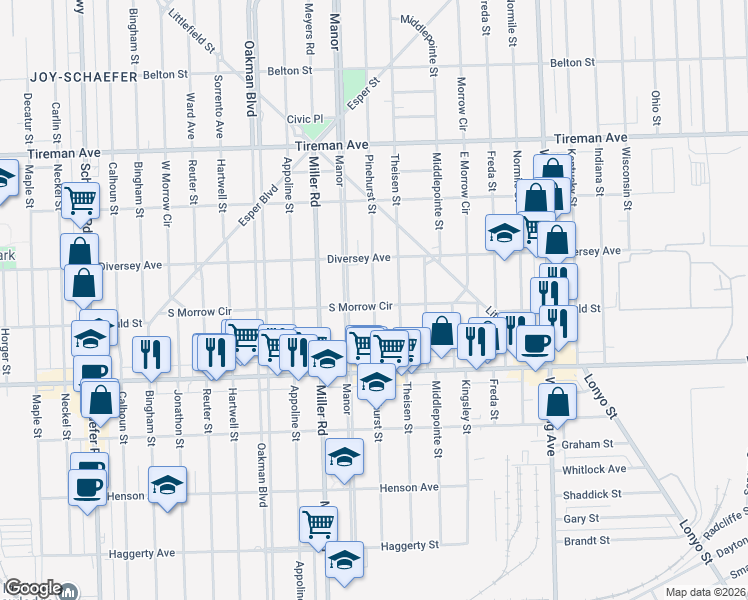 map of restaurants, bars, coffee shops, grocery stores, and more near 10530 South Morrow Circle in Dearborn