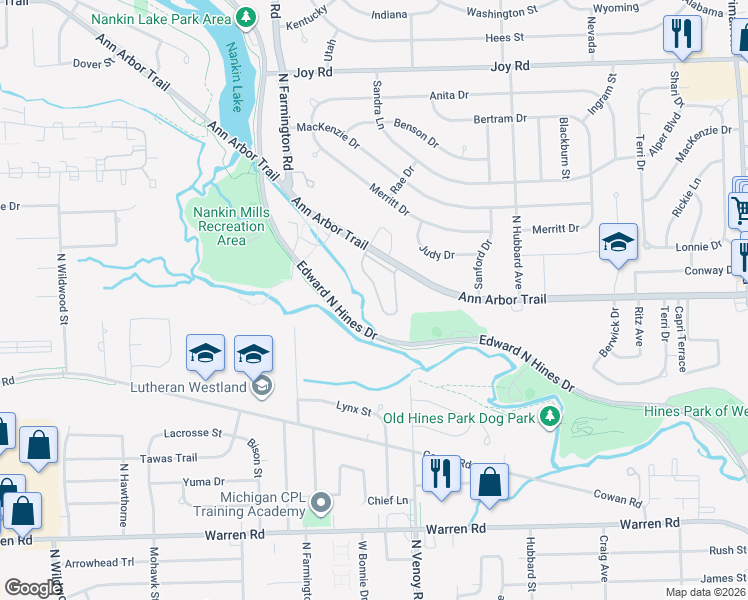 map of restaurants, bars, coffee shops, grocery stores, and more near 33030 Chapman Circle in Westland