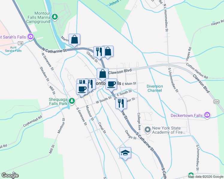 map of restaurants, bars, coffee shops, grocery stores, and more near 106 East South Street in Montour Falls