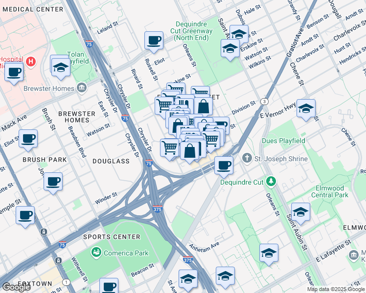 map of restaurants, bars, coffee shops, grocery stores, and more near 1322 Division Street in Detroit