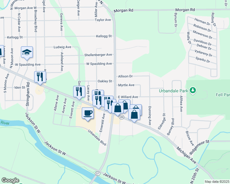 map of restaurants, bars, coffee shops, grocery stores, and more near 123 North Bedford Road in Battle Creek