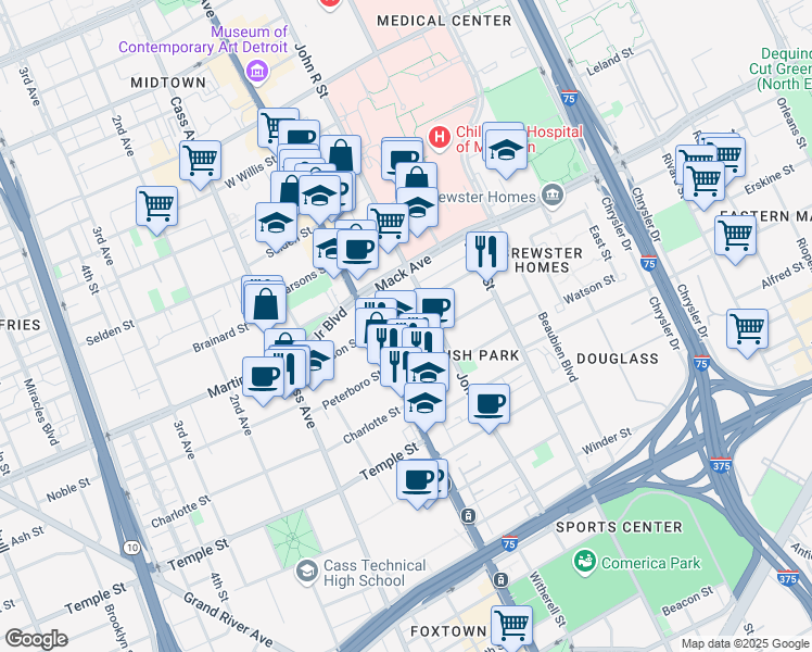 map of restaurants, bars, coffee shops, grocery stores, and more near 3424 Woodward Avenue in Detroit