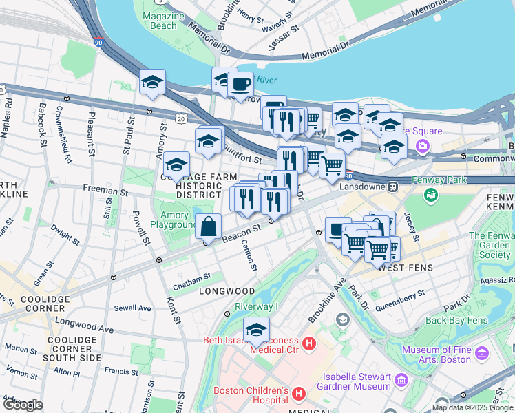 map of restaurants, bars, coffee shops, grocery stores, and more near in Brookline