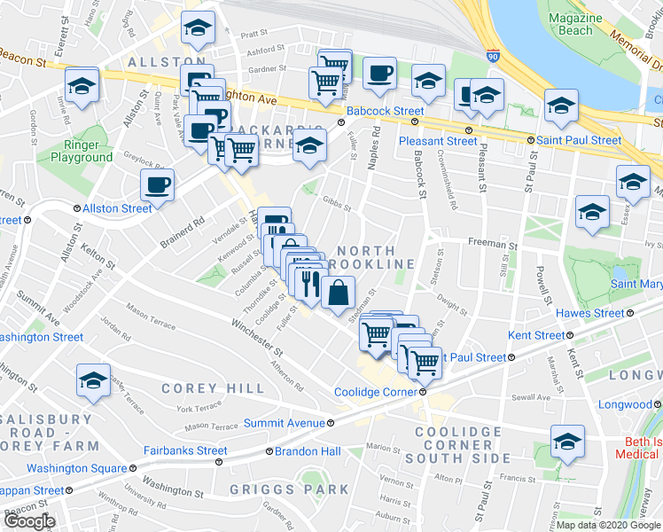 map of restaurants, bars, coffee shops, grocery stores, and more near 97 Fuller Street in Brookline