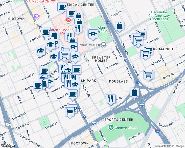 map of restaurants, bars, coffee shops, grocery stores, and more near 313 Watson Street in Detroit