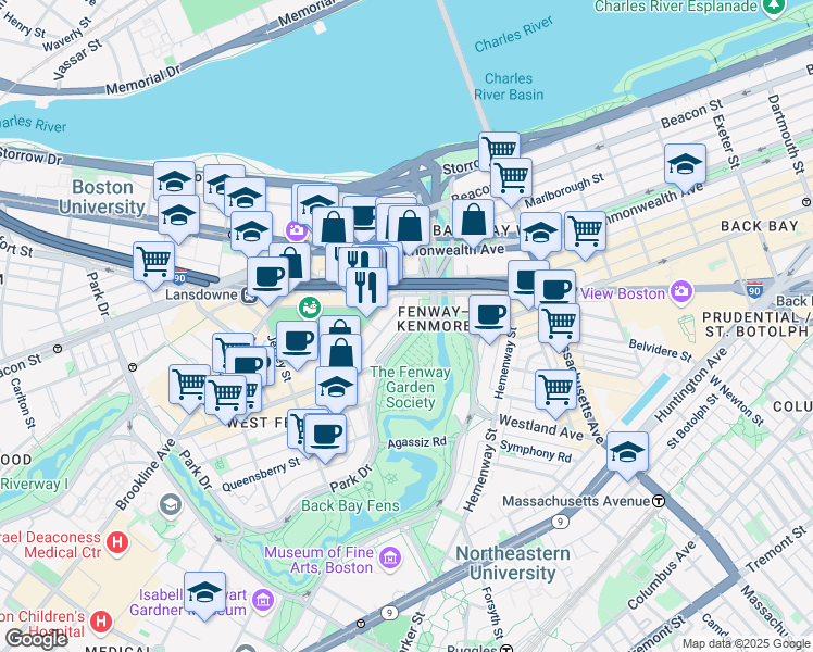 map of restaurants, bars, coffee shops, grocery stores, and more near 1179 Boylston Street in Boston